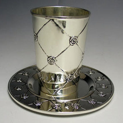 Kiddush Cup Silver Plated with tray Flower Design