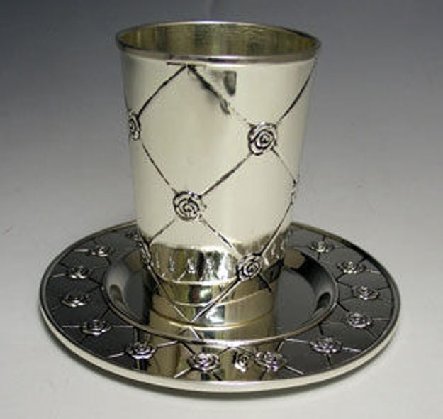 Kiddush Cup Silver Plated with tray Flower Design